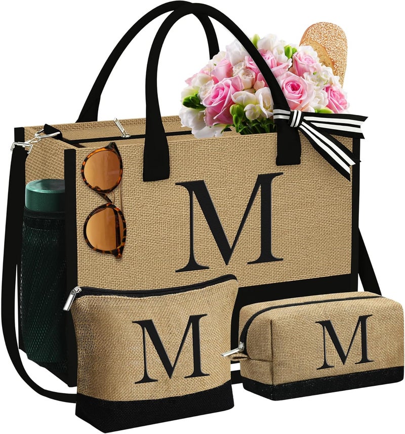 YOOLIFE Gifts for Women - Initial Jute Tote Bag & 2 Makeup Bag, Valentine Day Gifts for Her Women Teacher Wife Mom Friend - Image 1